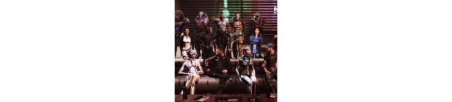 Wallpaper of the Group shot of the entire Mass Effect Crew in Shepards Apartment via the Citadel DLC
