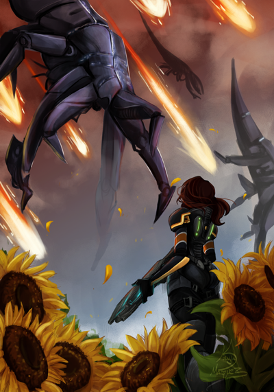 Beautiful masterpiece portraying Mass Effect's FemShep running through a field of sunflowers to attack a Reaper.