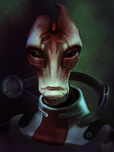 Serious look on the face of Mordin Solus in this portrait by Ruthie Hammerschlag
