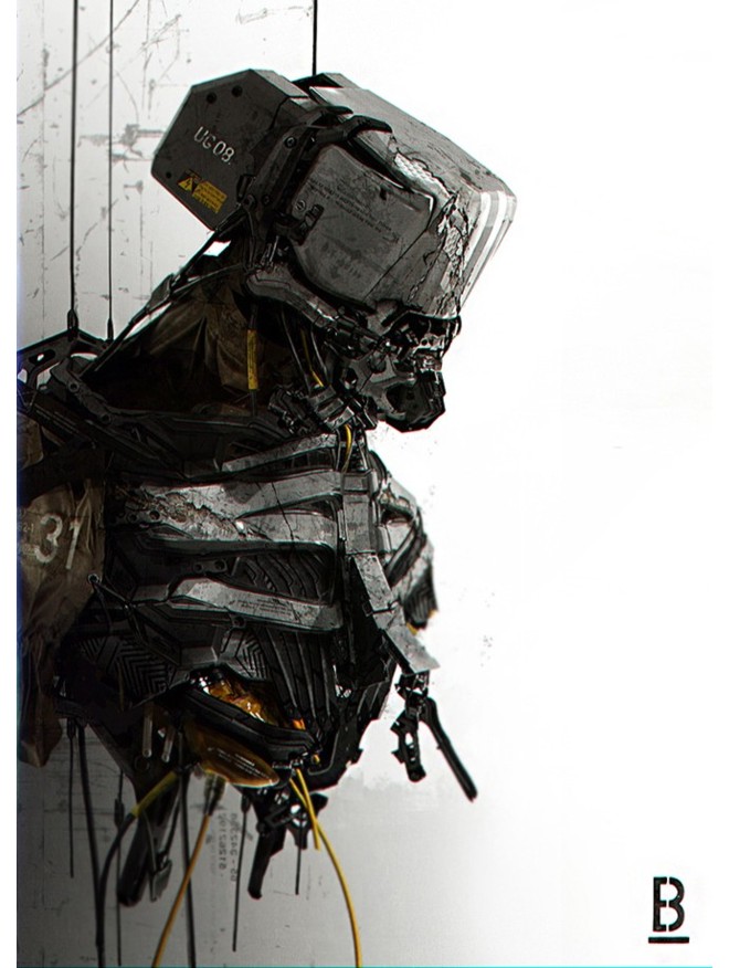 Battle damaged combat robot artwork by Benoit Godde.