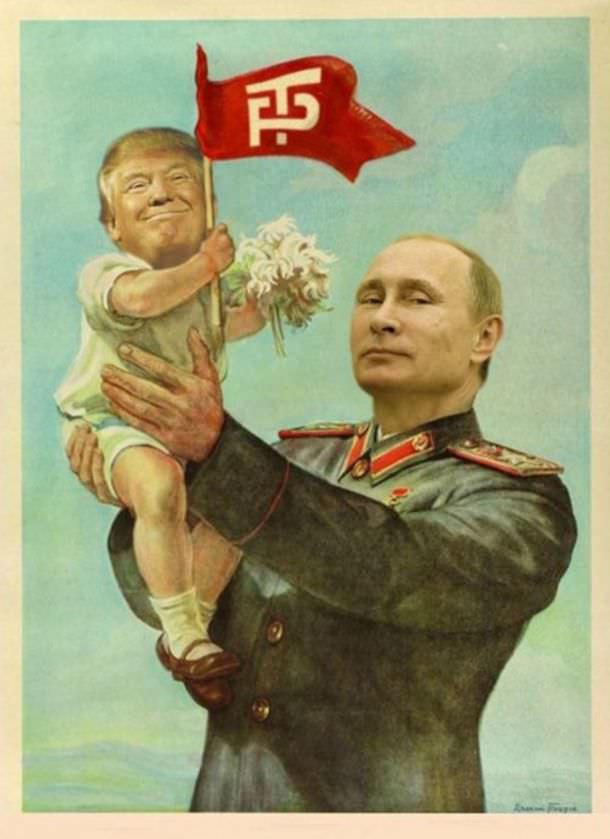 US President Putin holding his new baby Trump Jr