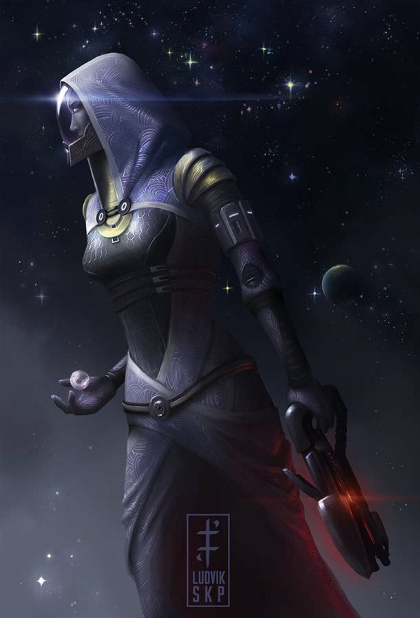 Tali'Zorah with a space background