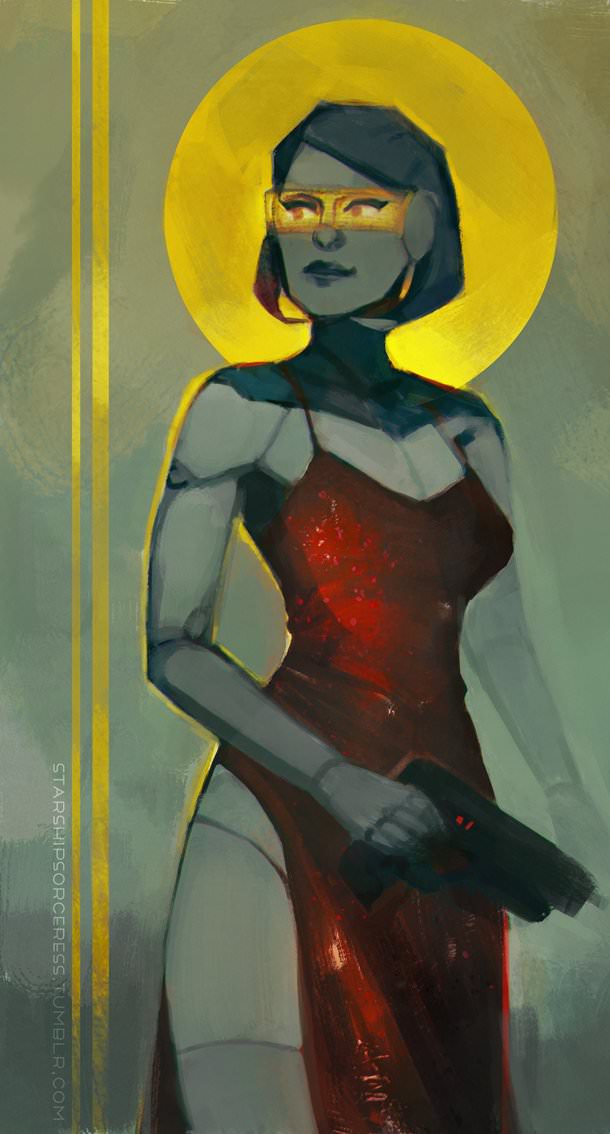 EDI from Mass Effect wearing a skimpy red dress with an orthodox halo around her head