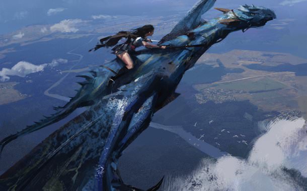 Woman with long black hair riding a blue dragon.