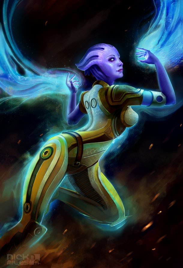 Liara T'Soni in yellow armor with swirling biotic energy emanating from her hands