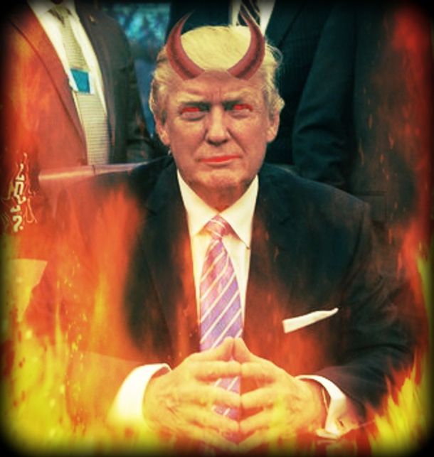 Donald Trump sitting behind desk in Oval Office now located in hell