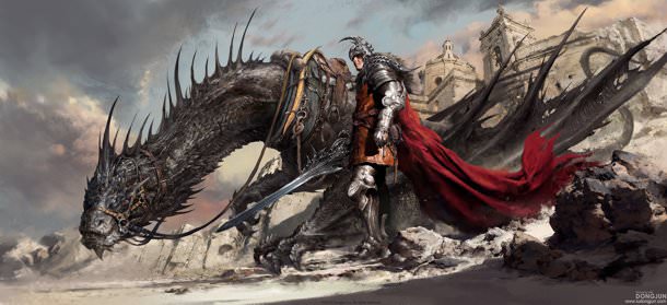 A knight with a long flowing red robe standing next to a black dragon wearing a heavy saddle.