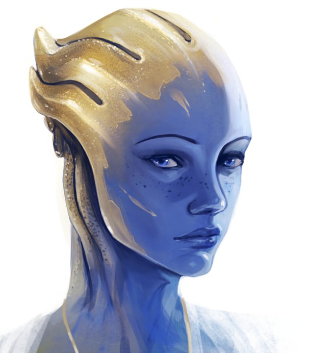 Head shot of Liara sporting gold coloring on her semi-flexible cartilage.