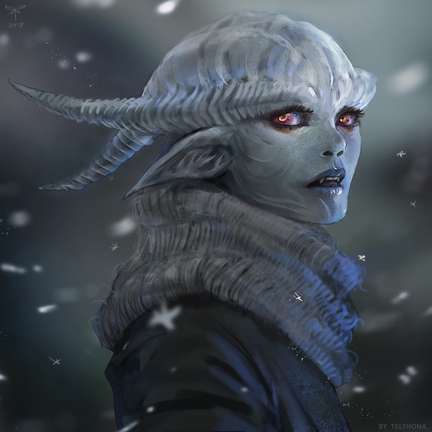 Female alien from an ice world wearing a wool scarf.