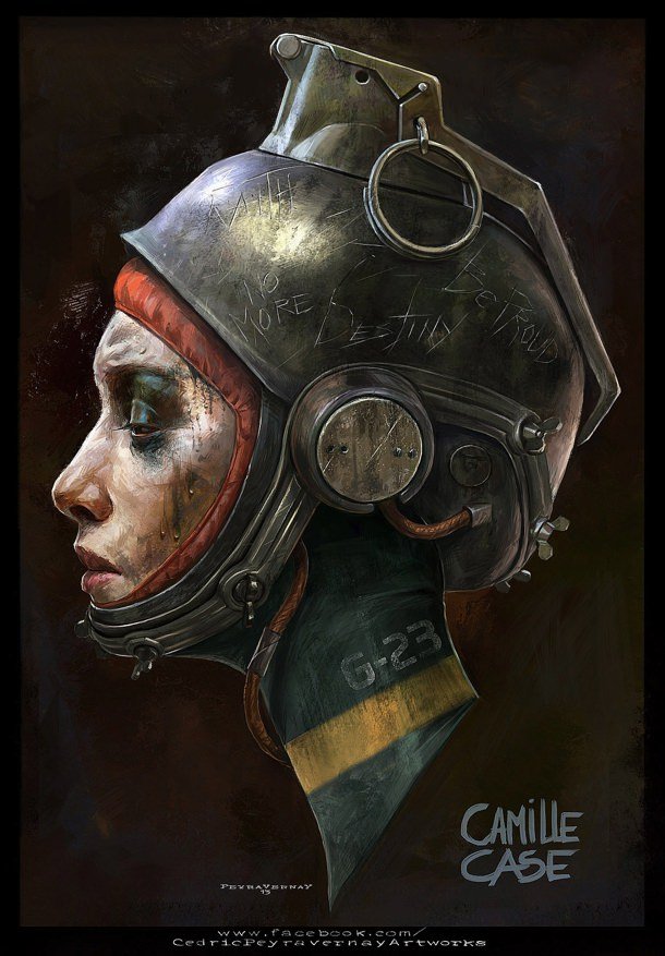 Woman wearing a grenade-shaped helmet.