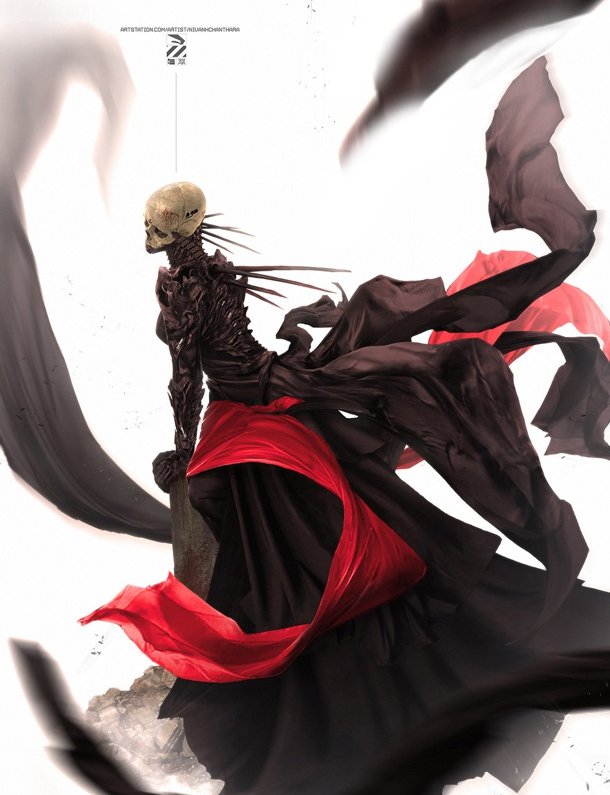 Skeleton mech girl in a flowing red and black dress