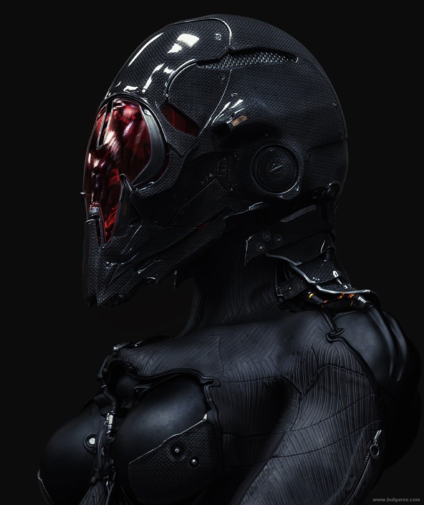 Futuristic sci-fi pilot in black