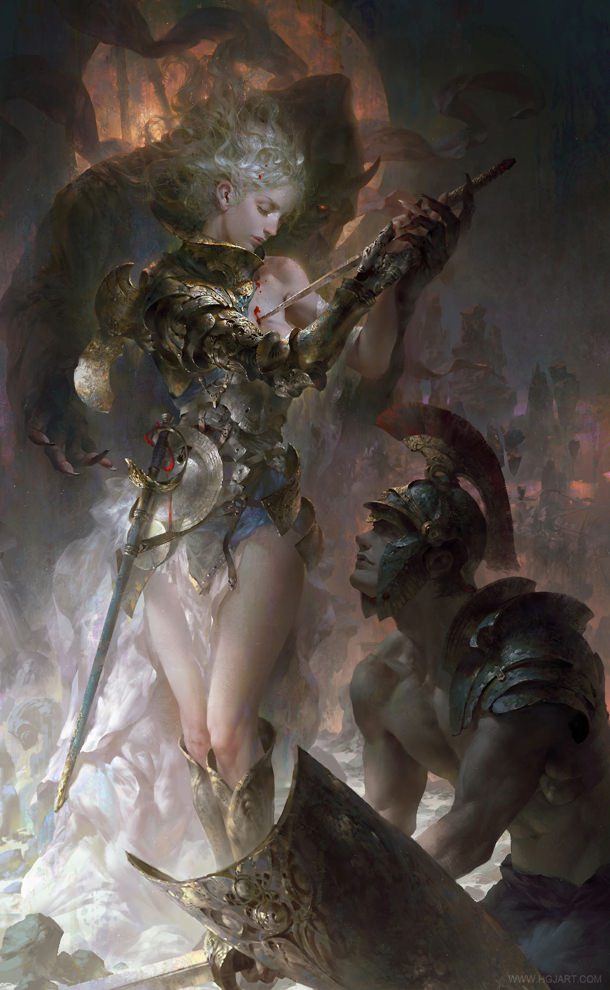 A piece of breathtaking art that features the suicide of a female warrior controlled by a demon.