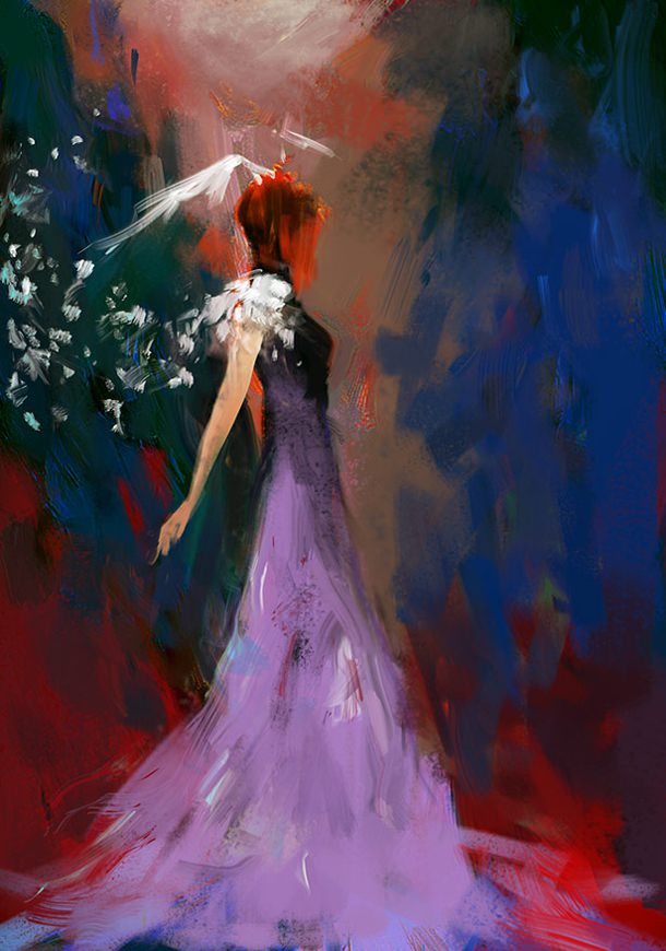 Woman in a long flowing purple dress and red hair.