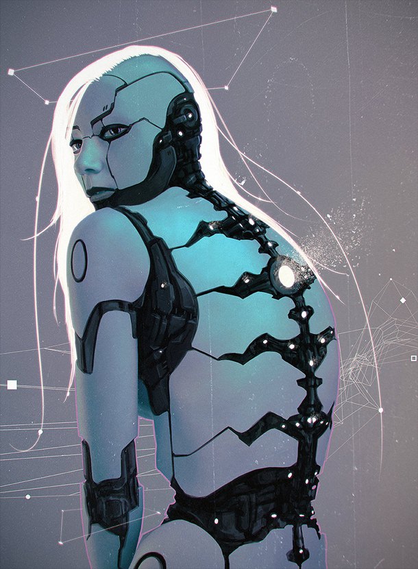 Female android looking over ger shoulder with long white hair