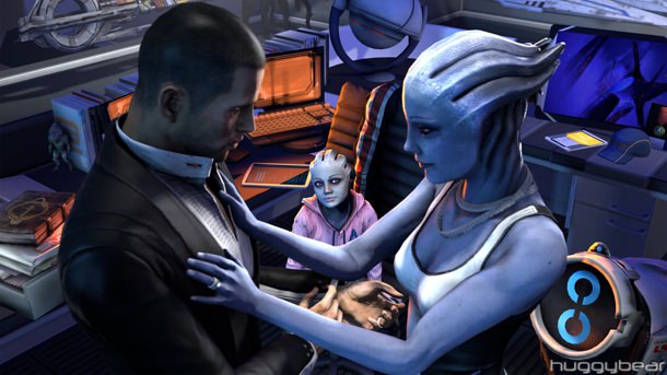 Shepard and Liara getting ready for New Year's Eve.