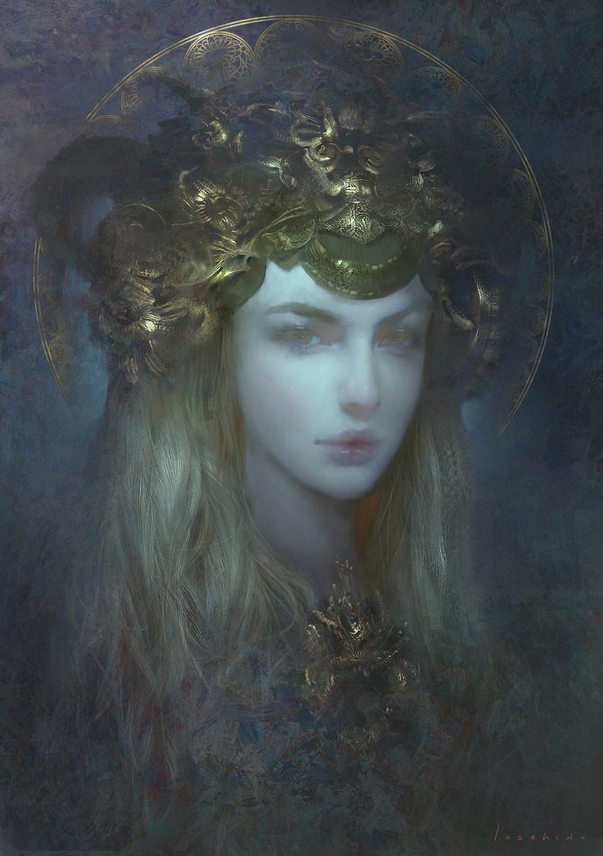 Fantasy image featuring beautiful woman wearing a golden headdress