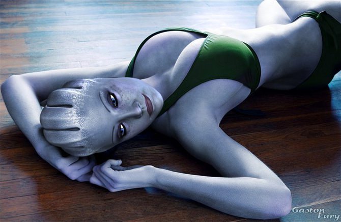 A relaxed Liara T'Soni in a green bathing suit
