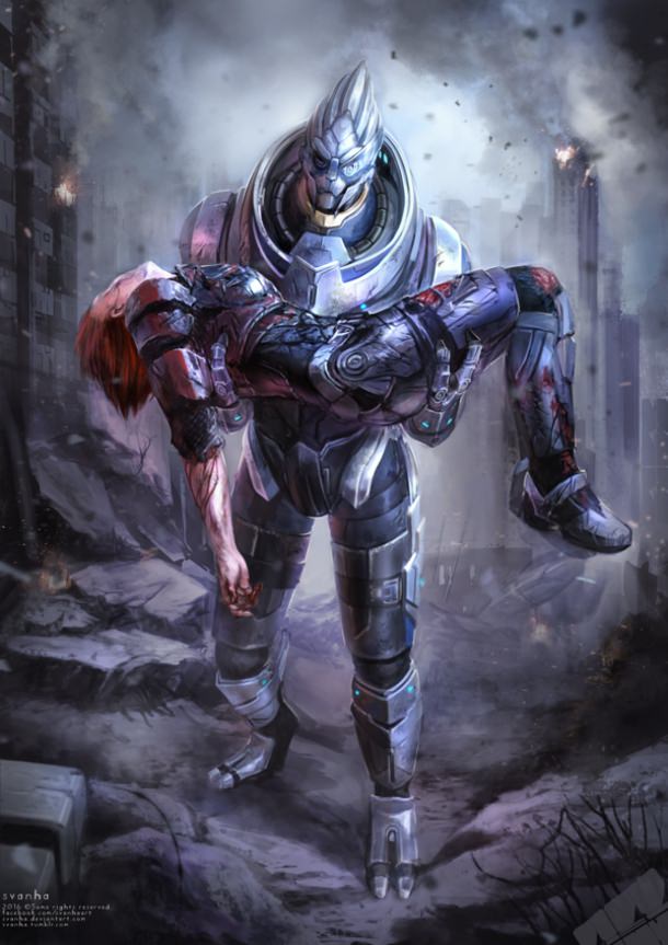 Garrus finds FemShep in the rubble after battle for Earth