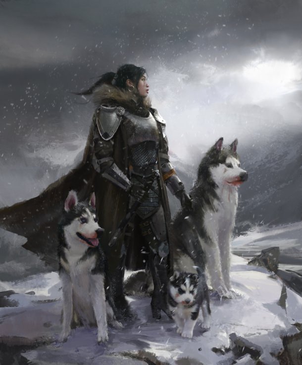 Female warrior in armor with three huskies.