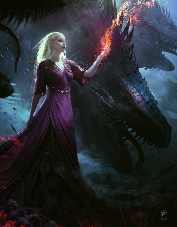 Dragon Queen in a long flowing purple dress standing next to a dragon.