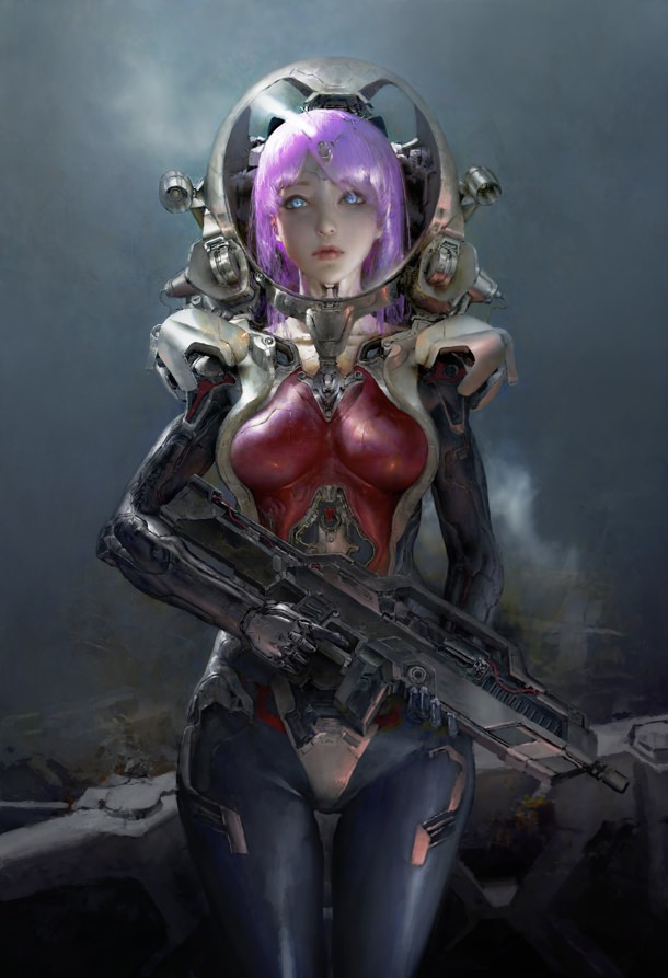 Female in sci-fi armor holding a pulse rifle.