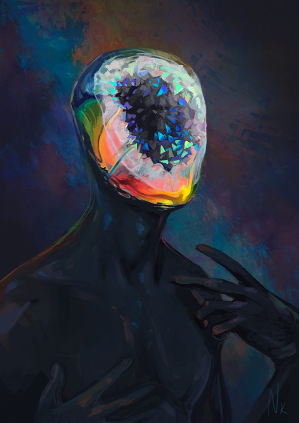 Science fiction art featuring a man with a geode for a face.