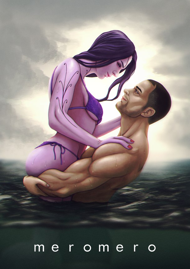 Tali and Shepard playing in the ocean.