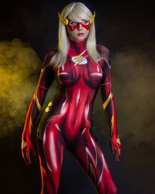 Cosplayer Andy Rae in Flash bodysuit.