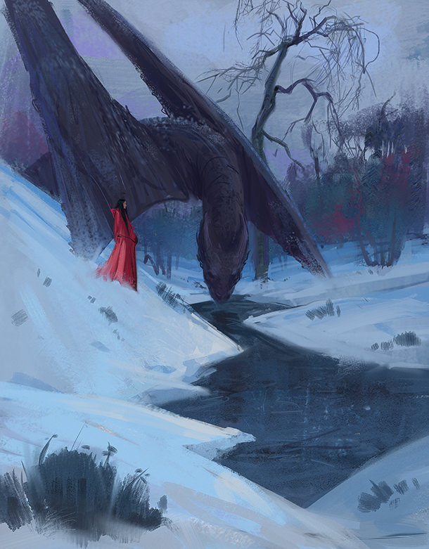 A woman in a red robe standing next to a dragon as it takes a drink from a thawed winter stream.