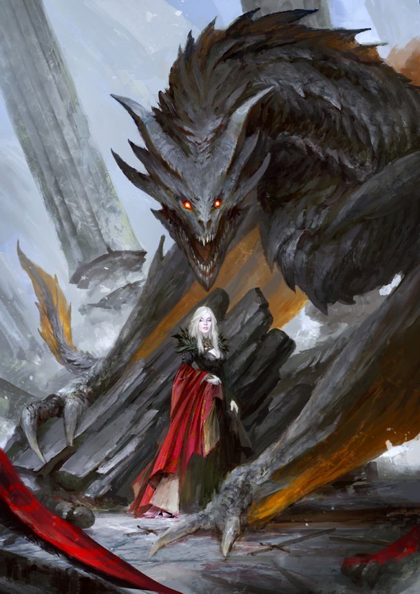 Woman wearing a black dress and a red cape standing in front of a dragon.