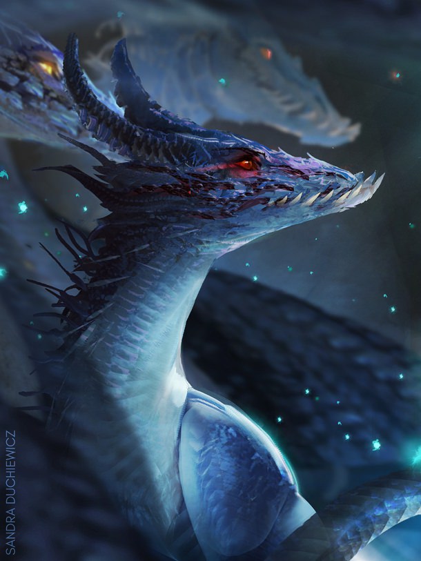 Side profile illustration of a dragon hanging out in the Lair.