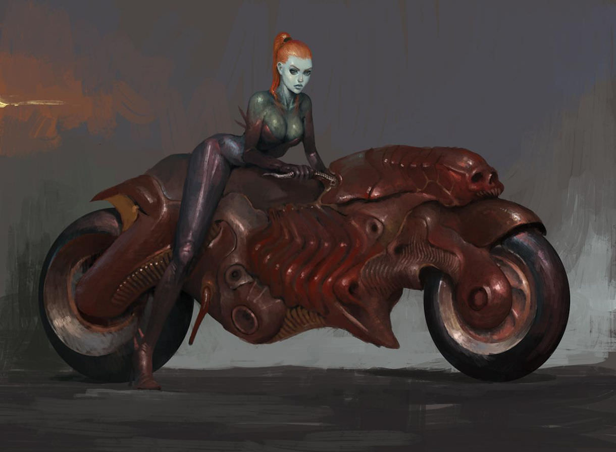 Redhead on a futuristic motorcycle wearing a body suit
